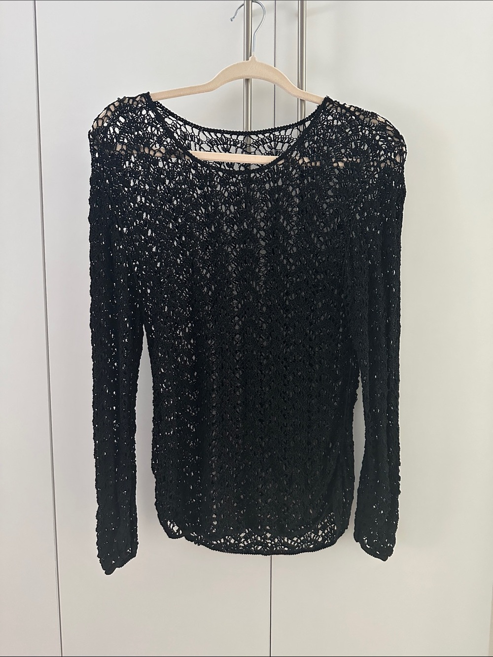 Black Crochet Knit Long Sleeve Top